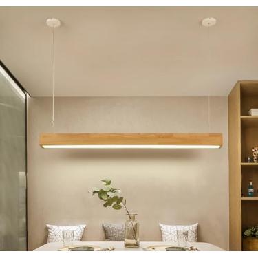 Imagem de Luminária pendente LED em madeira, estilo ilha de cozinha, lustre linear para mesa de jantar, cozinha, escritório ou bar, luminária moderna com altura ajustável (90 cm, cor da madeira, 4500
