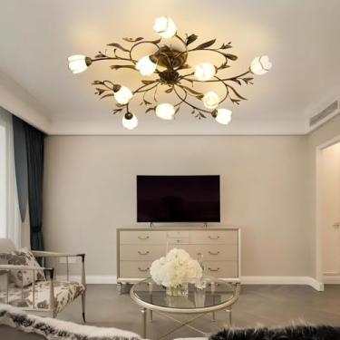 Imagem de Luminária de teto retrô em ferro antigo para sala de estar, com cúpula de vidro fosco em formato de flor. Lustre estilo campestre, ideal para cozinha, quarto, banheiro e hall de entrada.
