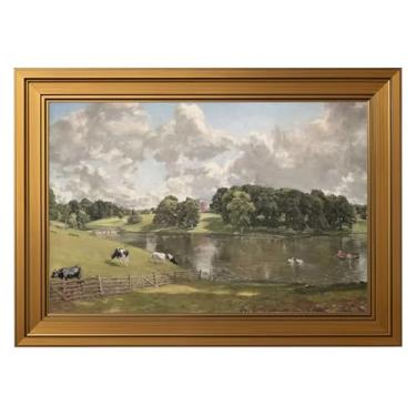 Imagem de Arte de parede vintage emoldurada de casa de fazenda primavera paisagem campo pintura em tela decoração de parede paisagem aquarela pôster impressão arte para sala de estar fazenda cozinha decoração