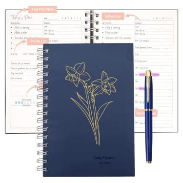 Imagem de Vebermo Agenda diária A5 sem data, caderno espiral com conjunto de canetas, agenda horária Asten para escritório, casa, escola, fecho elástico, azul escuro