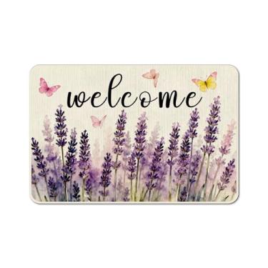 Imagem de kaiwern Tapete de porta Spring Welcome roxo floral borboleta tapete de entrada exterior tapetes decorativos para o verão, entrada externa, sala de estar, sala de estar, decoração de cozinha, 40 x 60