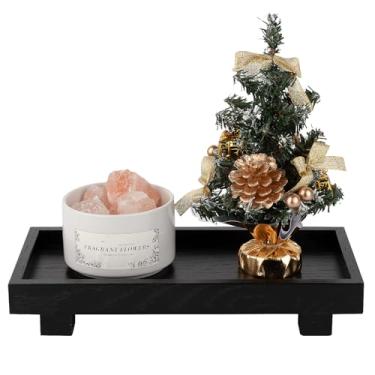 Imagem de Bandeja decorativa com pedestal pequeno, decoração de banheiro de fazenda, suporte de exibição de madeira para penteadeira, bancada de cozinha, pia, 27 x 13 cm, preto