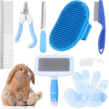 Imagem de Kit de Higienização para Coelhos com 8 Peças Kits Pets Pequenos Incluem Escova Grooming Desprendimento Pelos Luva Massagem Banho Tesoura Unhas Pente P