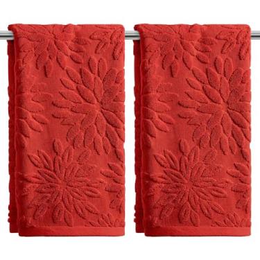 Imagem de Artoid Mode 2 peças de toalhas de mão vermelhas 3D dália floral jacquard primavera para banheiro, 100% algodão macio absorvente toalha de decoração de banheiro, 14,7 x 29,5 polegadas