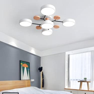 Imagem de Luminária de teto moderna semi-embutida, estilo nórdico, branca, com LED, lustre circular de acrílico com 5 lâmpadas, modelo Sputnik, com detalhes em madeira, ideal para sala de estar, sala