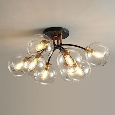 Imagem de Lustre de teto moderno com múltiplas lâmpadas, luminária pendente criativa para interiores, ideal para sala de estar, quarto, sala de jantar e cozinha. Lustre de vidro semi-embutido.