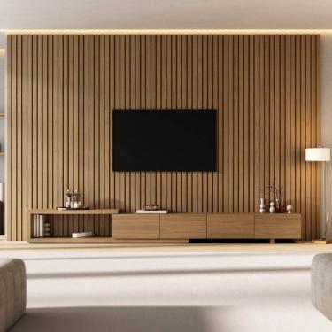 Imagem de Rack com Painel Ripado para Tv 86 Polegadas 360x250cm Aruá Cabecasa Madeiraoriginals Jatoba