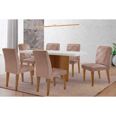 Imagem de Conjunto: Mesa de Cozinha Nevada c/ Tampo Madeirado c/ Vidro Canto Curvo 180x90cm e 6 Cadeiras Pietá Naturale/Off White - Linho Capuccino - Rufato