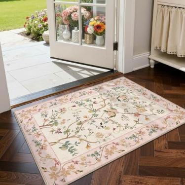 Imagem de jinchan Floraison Tapete floral para entrada, 5,5 x 7,5 cm, macio, lavável, antiderrapante, tapete de porta de pelo baixo, entrada interna, pequena, chinoiserie, flor, leve, boho, para quarto