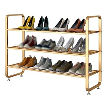 Imagem de Prateleira para sapatos, organizador de sapatos de 3 níveis, prateleira organizadora de metal, economia de espaço para entrada, sala de estar, quarto, suporte de armazenamento de sapatos (ouro 80 x 28
