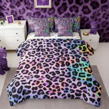 Imagem de Jogo de cama casal com estampa de leopardo roxo e edredom com estampa de guepardo, 7 peças, arco-íris, ombré, africano, pele de gato grande, em uma bolsa, tie dye animal, decoração de quarto, estética