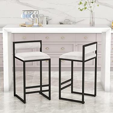 Imagem de Banquetas de bar conjunto de 2 bancos de bar de cozinha acolchoados de veludo cadeiras altas para bar de café da manhã com encosto de metal preto e pernas cadeiras de sala de jantar