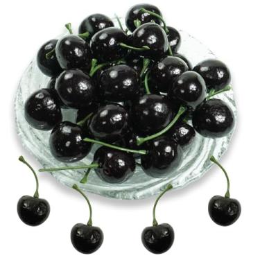 Imagem de Bairdish 30 peças de cerejas artificiais, cereja falsa a granel de frutas falsas, enfeite realista de cereja para decoração de casa, cozinha, festa, mesa, centro de mesa, suporte de exibição de