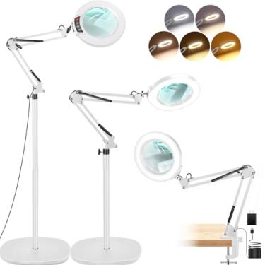 Imagem de LANCOSC Lupa de 10 x com luz e suporte, luminária de chão giratória ajustável 3 em 1, 5 modos de cor, regulável contínuo, lupa e braçadeira iluminada por LED para leitura, artesanato, pintura - branco