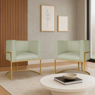 Imagem de Kit 2 Poltronas Dália Luxo Moderna Estofada Design Sofisticado Com Base De Ferro Dourado Bouclé Verde