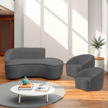 Imagem de Kit Divã Recamier Orgânico Marrocos 200cm Lado Direito E 2 Poltronas Amore Linho Cinza Escuro