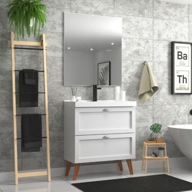 Imagem de Gabinete Para Banheiro Com Cuba E Espelho 80cm Retro Mdf Branco Milano - On Móveis