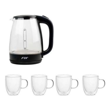Imagem de Jarra Elétrica Vidro Transp. Led 1,8L + 4 Caneca Duplo 350ml
