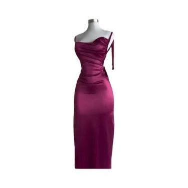 Imagem de Vestido Feminino De Cetim Halter Com Efeito Emagrecedor, Decote Transp