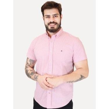 Imagem de Camisa Tommy Hilfiger Masculina Manga Curta Xadrez Gingham Branca/Rosa-Masculino