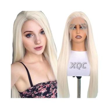 Imagem de Peruca Sintética Longa Lisa Loira Com Renda Frontal Sem Cola Para Mulh