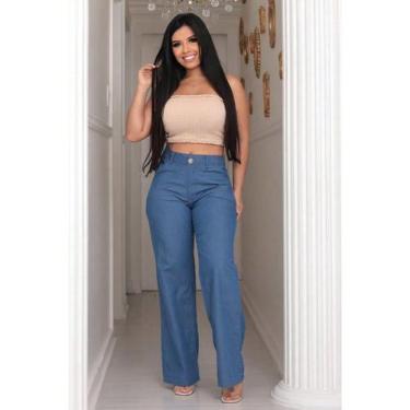 Imagem de Calça Pantalona Jeans Feminina Social Cintura Alta Com bolso na frente
