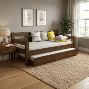 Imagem de Bicama Solteiro Confort 100% Madeira Maciça Com Cama Auxiliar E Rodízios