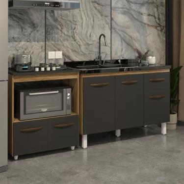 Imagem de Mobília Decor, Cozinha Armário Balcão Gabinete de Pia Aline 120 cm e Balcão Evelyn para Fogão Cooktop 4 Bocas e Forno Savana Preto