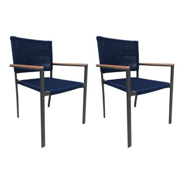 Imagem de Kit 2 Cadeiras Piracicaba Corda Náutica Braço Com Detalhe Em Madeira Base Alumínio Preto-azul Marinh