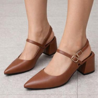 Imagem de Sapato Scarpin Slingback Feminino Salto Bloco Bico Fino Elegante com F
