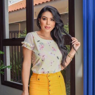 Imagem de Blusa Social Feminina em Crepe Estampada Com Tule nas Mangas - Maria L
