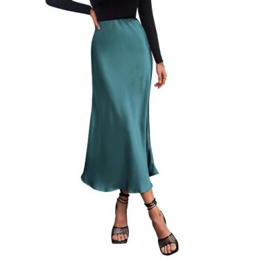 Imagem de Saia Midi PRETTYGARDEN de Cetim Azul, Cintura Alta e Corte A