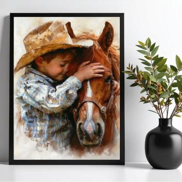 Imagem de Quadro Decorativo Criança Com Cavalo - Aquarela 45x34cm