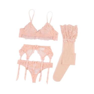 Imagem de Conjunto De Sutiã De Renda Feminino Com Calcinha Sem Bojo E Meias De L