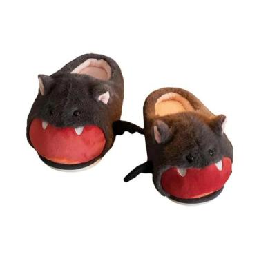 Imagem de Pantufas Femininas De Pelúcia Cinza Escuro Com Design De Morcego, Anti