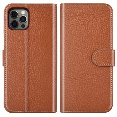 Imagem de LAHappyL Capa carteira de couro para iPhone 13 Pro Max/13 Pro/13, capa flip de couro legítimo de flor integral com função de suporte para cartão, fecho magnético, marrom, 13 Pro de 6,1 polegadas