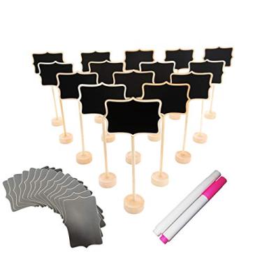 Imagem de Pacote com 15 mini placas de quadro-negro de madeira (giz à base de água e adesivos de substituição incluídos), quadro-negro retangular pequeno para casamentos, placas de quadro de mensagens e decorações de eventos especiais