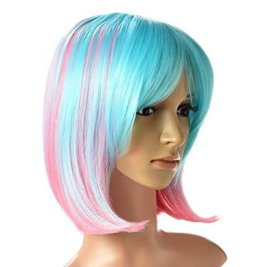 Imagem de Peruca bob curta ombré multicolorida, extensão de cabelo AGPtEK na altura dos ombros com rede elástica gratuita