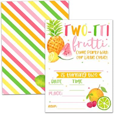 Imagem de Convites para festa de 2º aniversário Tutti Frutti Sweet - Cartões para convites de festa de frutas, convites para festa de aniversário, comemoração de festa infantil, 20 cartões com 20 envelopes – (s