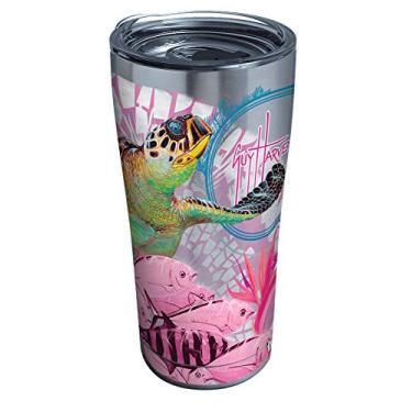 Imagem de Tervis Guy Harvey Copo isolado de aço inoxidável das tartarugas conscientização do câncer de mama com tampa transparente e preta, 590 ml, prata