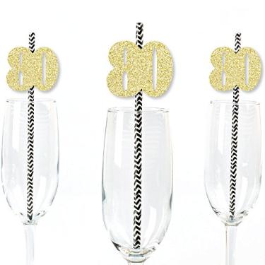 Imagem de Canudos de festa Gold Glitter 80 – Números recortados com glitter dourado real e canudos decorativos de papel para festa de aniversário de 80 anos – Conjunto com 24