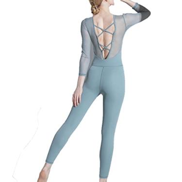 Imagem de Yajun Macacão de ioga feminino de uma peça de malha patchwork terno esportivo interno levanta bumbum academia macacão leggings respirável manga comprida, azul, M (53 kg)