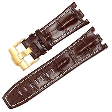 Imagem de RAYESS Pulseira de relógio de couro genuíno para AP 15703 Royal Oak Offshore Series 28mm pulseiras de crocodilo (Cor: marrom branco-ouro, tamanho: 28mm)