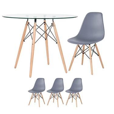 Imagem de Loft7, Mesa redonda Eames com tampo de vidro 100 cm + 3 cadeiras Eiffel Dsw Cinza escuro