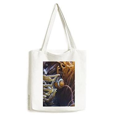 Imagem de Bolsa de lona com estampa de peixe anêmona oceano ciência natureza bolsa de compras casual bolsa de mão