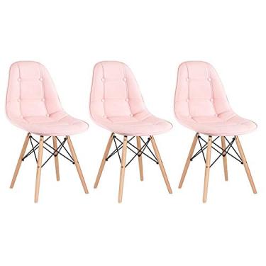 Imagem de Loft7 Home Decor, Kit 3 Cadeiras Estofadas Eames Eiffel Botonê - Madeira clara Rosa