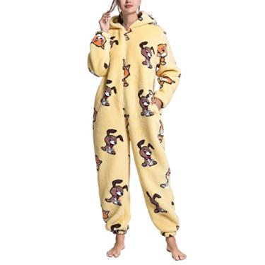 Imagem de Macacão Felpudo Com Capuz Estampado, Macacão de Pijama de lã Macio Manga Longa Padrão Bonito Quente na Moda para Homens para Inverno (S)