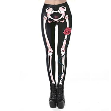 Imagem de Leggings estampadas femininas halloween crânio padrão casual macio treino yoga leggings calças elásticas ginásio collants atléticos (Color : Black, Size : L)