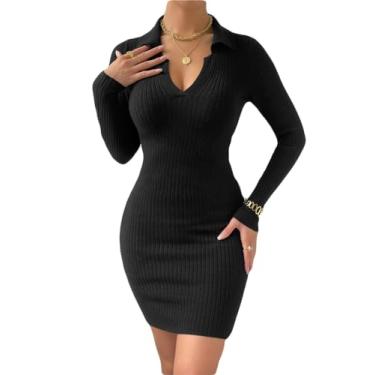 Imagem de MakeMeChic Mini vestido curto tubinho tubinho colado ao corpo, manga comprida, gola entalhada, Preto, G