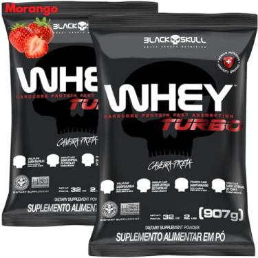 Imagem de 2x Whey Protein Concentrado Turbo Refil 907g - Kit 2X Black Skull - Ganho de Massa Muscular (Morango)